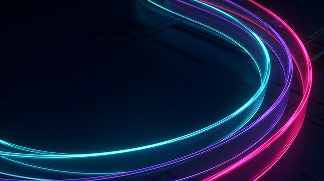 Abstract neon light trails in cyan and magenta forming glowing circular curves on dark background