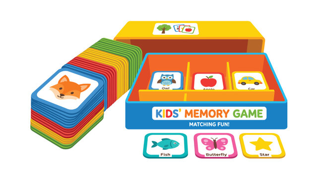 A colorful educational memory matching board game with illustrated cards for children on white background