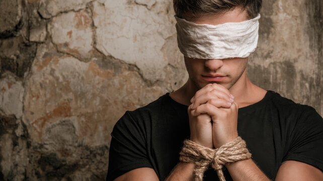 Blindfolded man with rope bound wrists and clasped hands against a rough stone wall depicting kidnapping and loss of freedom