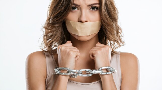 Young woman in a white tank top with tape covering her mouth and a metal chain binding her wrists for a captivity and human trafficking awareness concept