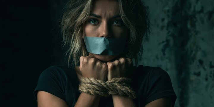 Distressed young woman with duct tape over her mouth and rope bound wrists in a dark interior depicting kidnapping and forced silence