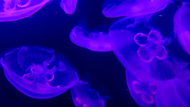 Colorful jellyfish float in a an aquarium with changing light.