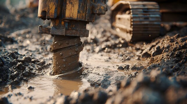 Auger drilling into thick mud with tracked machinery partially visible