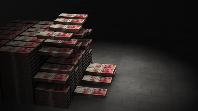 Chinese Yuan banknotes accumulating in large stacks on a dark floor