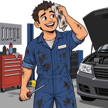 Tired smiling mechanic wiping sweat with dirty rag in auto garage vector illustration