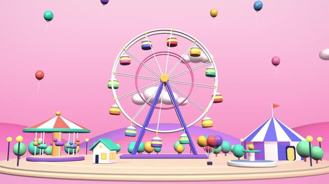 Ferris Wheel and Carousel at a Pink Funfair Loop
