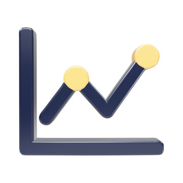3d rendered line graph dark blue axes and line with light yellow circular data points, isolated on a white background, business analytics