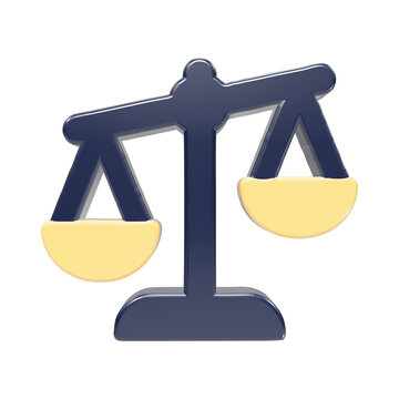 A3d render of a dark blue balance scale with yellow pans, isolated on a white background, symbol of justice and legal fairness