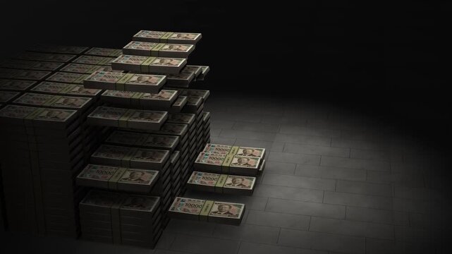 Massive Stacks of Japanese 10,000 Yen Banknotes Accumulating in a Spotlight