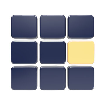A3d rendered grid of nine rounded squares with eight dark blue squares and one single yellow square in the bottom right on white background