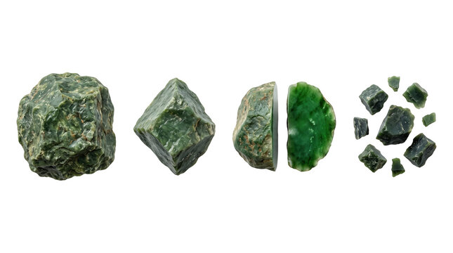 Raw green jade mineral stones isolated on white background for oriental luxury gemstone and alternative therapy theme