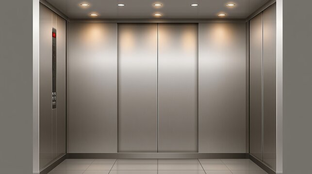 Modern elevator interior showcasing subtle ambient light reflecting off clean metal surfaces, a professional architectural concept