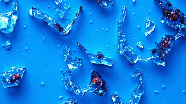 Microscope view of melted snow sample revealing crystalline ice fragments and airborne pollutants