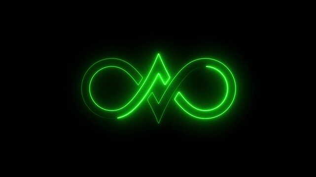 Glowing green infinity symbol with lightning bolt energy loop on black background, abstract neon animation