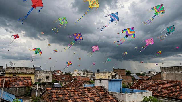 Colorful kites soaring in a dramatic monsoon sky over rooftops