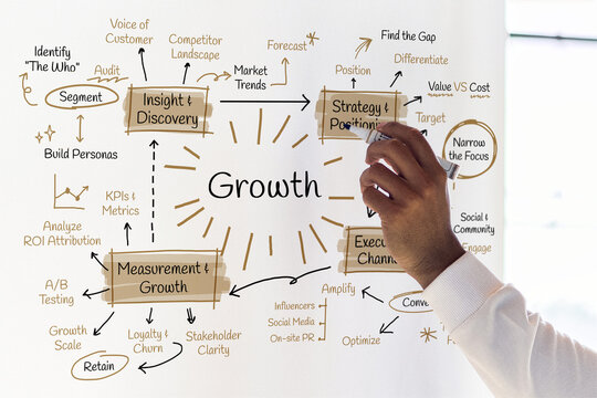 Hand drawing a business strategy diagram centered around Growth.