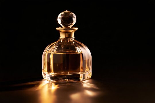 Ornate unlabelled amber perfume bottle with faceted crystal stopper glowing under warm light on a reflective surface against a deep black background, luxury fragrance still life