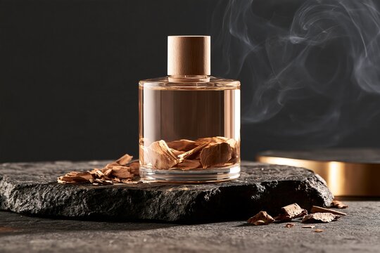 Unlabelled perfume bottle with sandalwood chips on dark stone slab, warm amber liquid, drifting smoke, and wooden cap in a dramatic studio still life setting