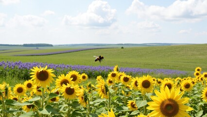 Obraz premium Bee Hovering Over Colorful Flower Field