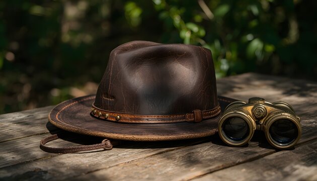 A professional close-up photograph of a rugged, dark brown oiled leather wide-brim hat resting flat on a weathered wooden table