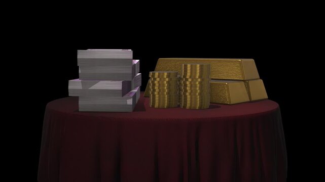 Wealth and investment concept with Euro banknotes, gold coins, and bars.