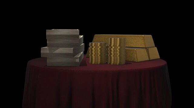 Japanese Wealth Display: Yen Banknotes, Gold Coins, and Bullion on Table
