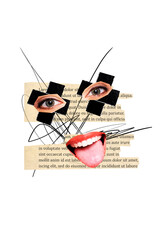 Fototapeta na wymiar Composite trend artwork 3D sketch image photo collage of faceless young lady mouth lips tongue say eyes watch cross makeup textbox page