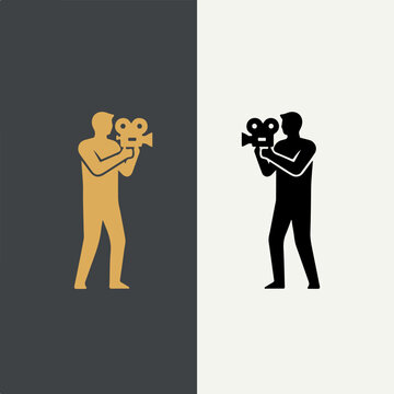 Minimalist vector icon illustration of a cameraman shooting film with a vintage movie camera, isolated on split black and white background