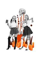 Fototapeta premium Vertical photo collage of two faceless schoolgirls wear uniform hold ax killer halloween party occult candle isolated on painted background