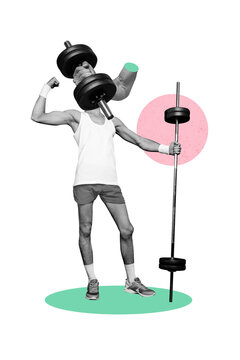 Creative trend collage of young man workout dumbbell barbell show biceps sportsman freak bizarre unusual fantasy