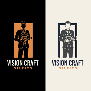 Professional filmmaker logo design featuring a man in a tuxedo holding a vintage cinema camera for a video production studio and film craft agency