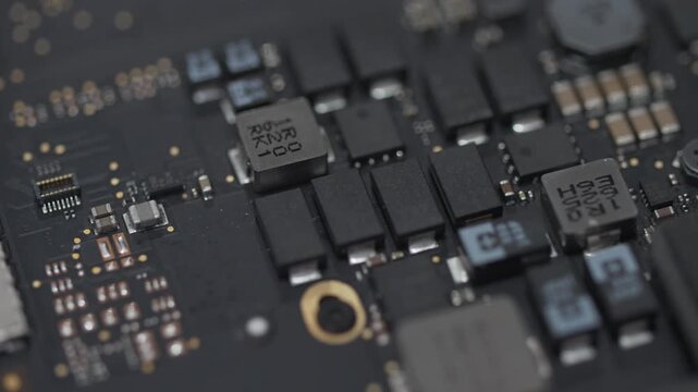 Macro Panning Shot of High-Tech Circuit Board Components and Microchips