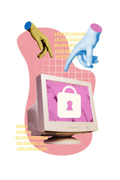 Vertical photo collage of hands point pc monitor screen keyhole lock access secret data password antivirus isolated on painted background