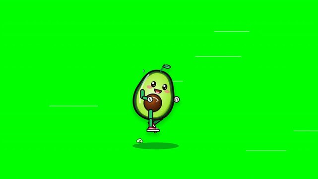 Cute cartoon avocado character running with a ball on a green screen background.