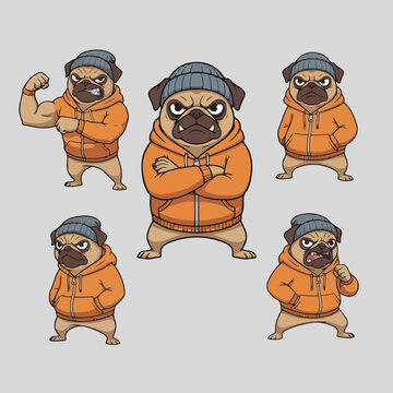 Tough pug dog cartoon mascot vector set with angry expressions and cool streetwear outfits