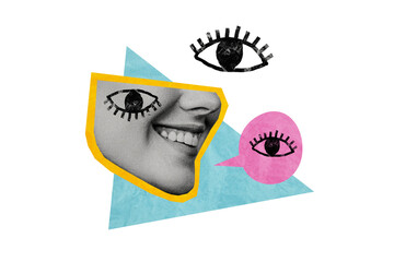 Fototapeta premium Composite artwork sketch image collage of draw painting caricature half face eye watch see friends half face young woman talk speech cloud