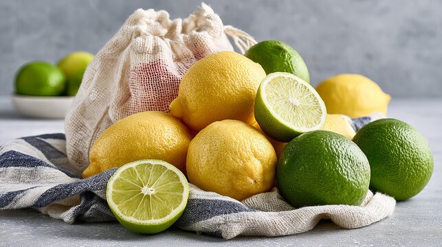 Bright yellow lemons and vibrant green limes spill from a rustic cotton bag, representing fresh citrus ingredients