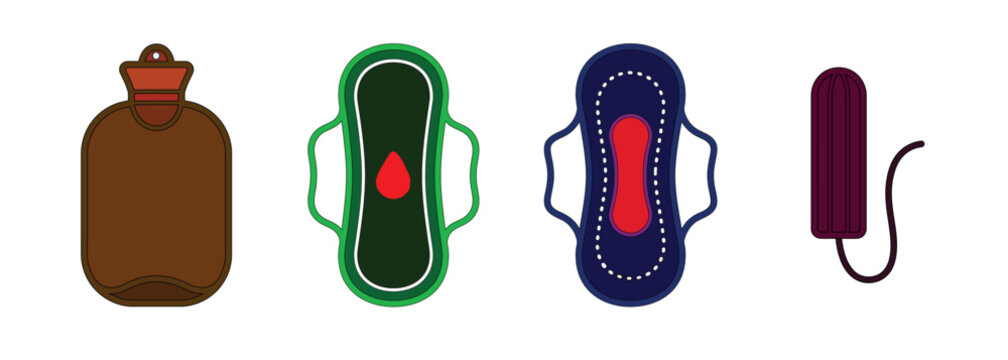 Menstruation products vector set featuring sanitary pad, tampon, and hot water bottle for period care, hygiene, comfort, and wellness.