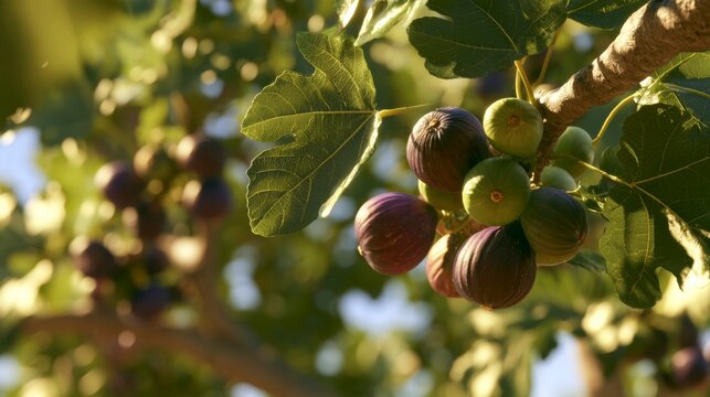 Fresh ripe figs hanging on a branch in a sunny orchard during the late summer harvest season