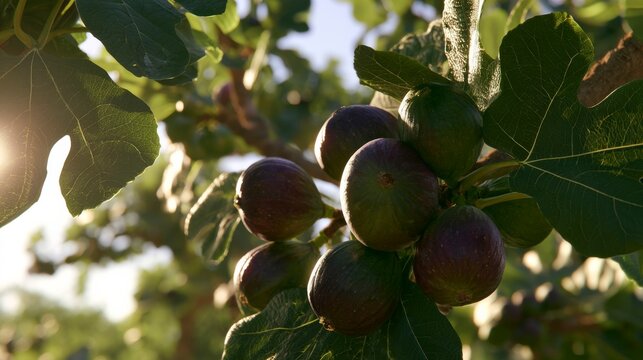 Ripe purple figs hanging on a lush green tree branch in the warm glow of the golden hour sun