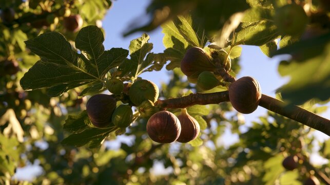 Ripe purple figs hanging from a lush green tree branch in the warm golden hour sunlight glow