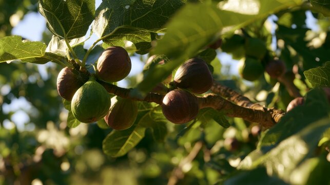 Fresh ripe figs hanging on a branch of a tree in a sunny orchard during the summer harvest time