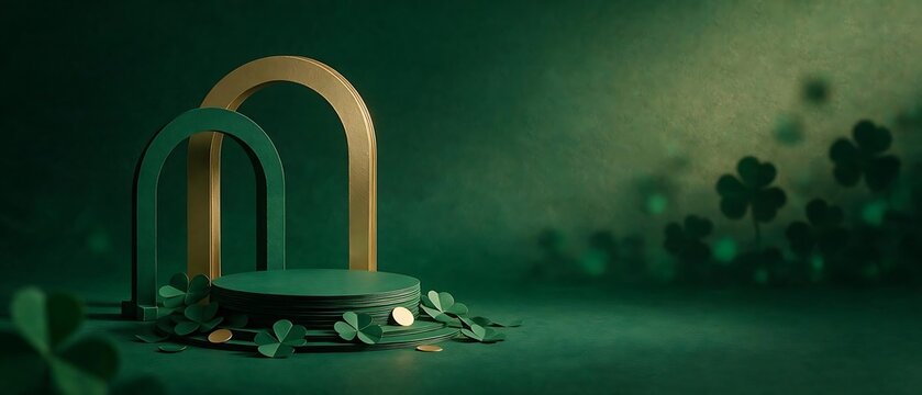Elegant St. Patrick's Day product display stand with golden arches and decorative shamrock leaves