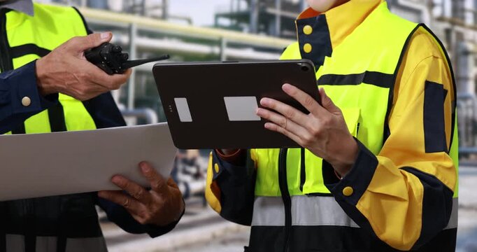 Industrial workers in high visibility safety jackets use a tablet and walking talkie during a factory inspection and team communication.