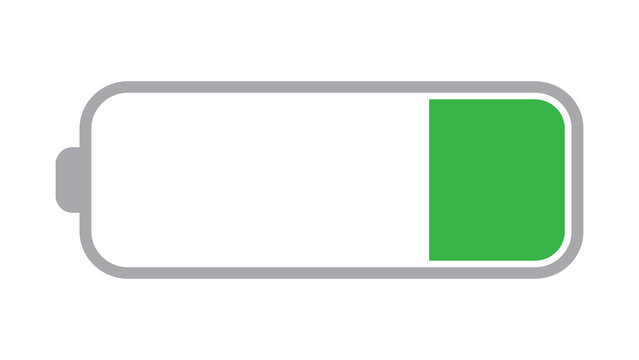 Low battery icon with single green segment showing minimal charge remaining charge level battery segments power status battery indicator white background electronics symbol indicator