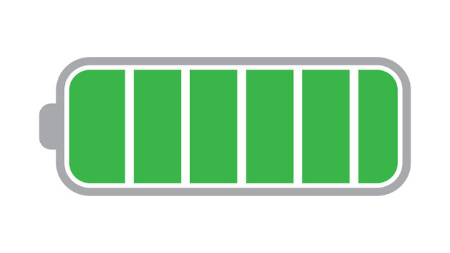 Fully charged battery icon with six green segments representing maximum power status charge level energy capacity battery indicator full power white background electronics symbol indicator
