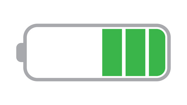 Half charged battery icon with three green segments indicating medium power level medium charge power status battery indicator partial power white background electronics symbol indicator