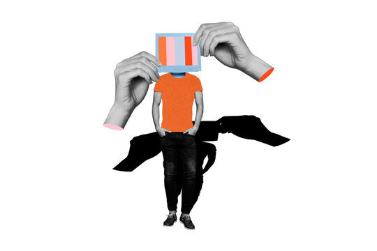 Creative poster collage headless man 3d body fragments computer screen display propaganda news zombie brainwashed drawing background