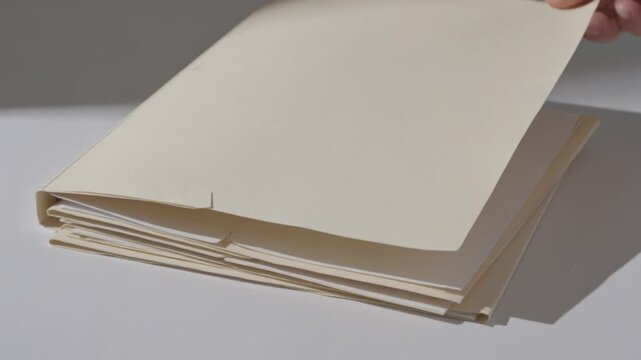 Cream colored paper folder or portfolio filled with documents on a clean white surface ready for review