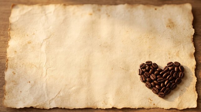 Roasted coffee beans forming heart shape on vintage parchment paper background with copy space
